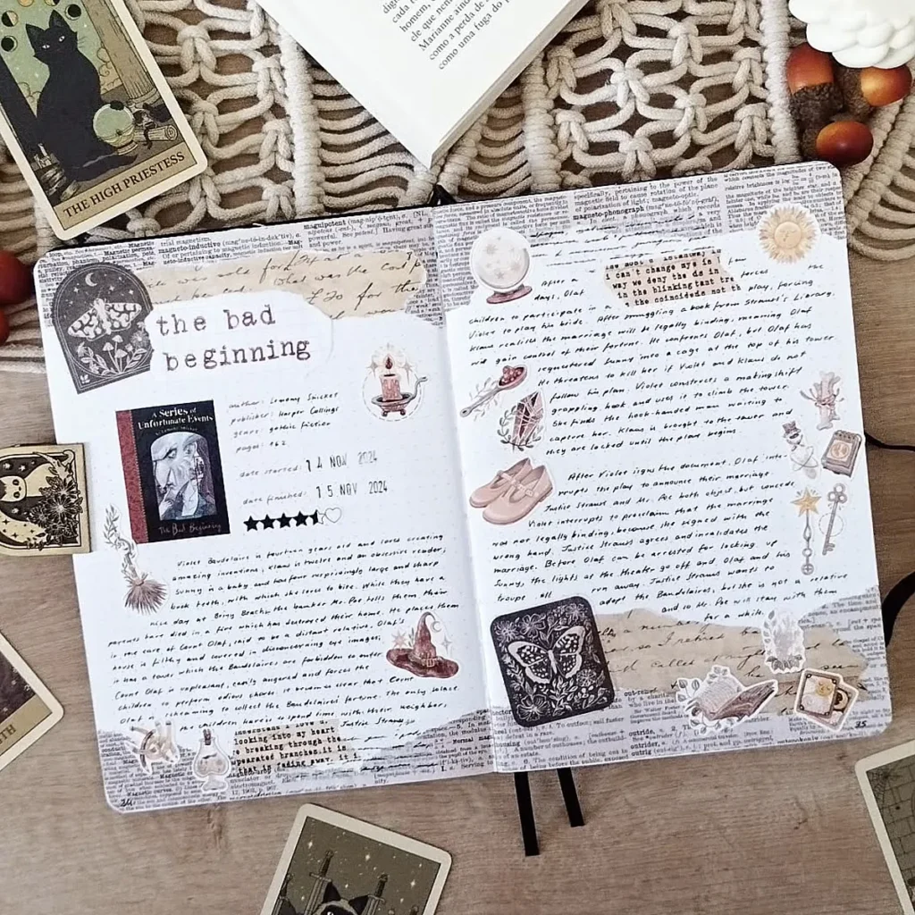 Open book journal spread for The Bad Beginning with notes, illustrations, and decorations on a wooden table.