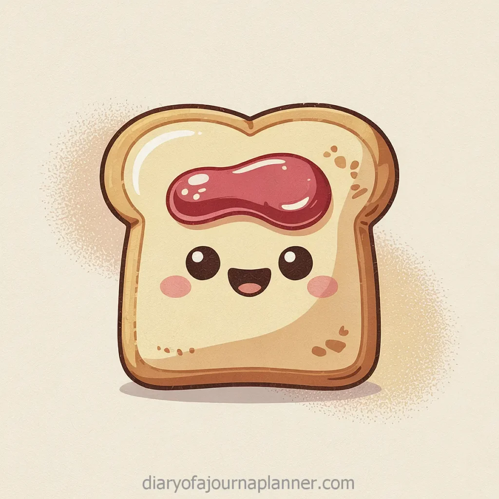 Cute toast cartoon with a smiling face and a dollop of jelly, on a beige background.