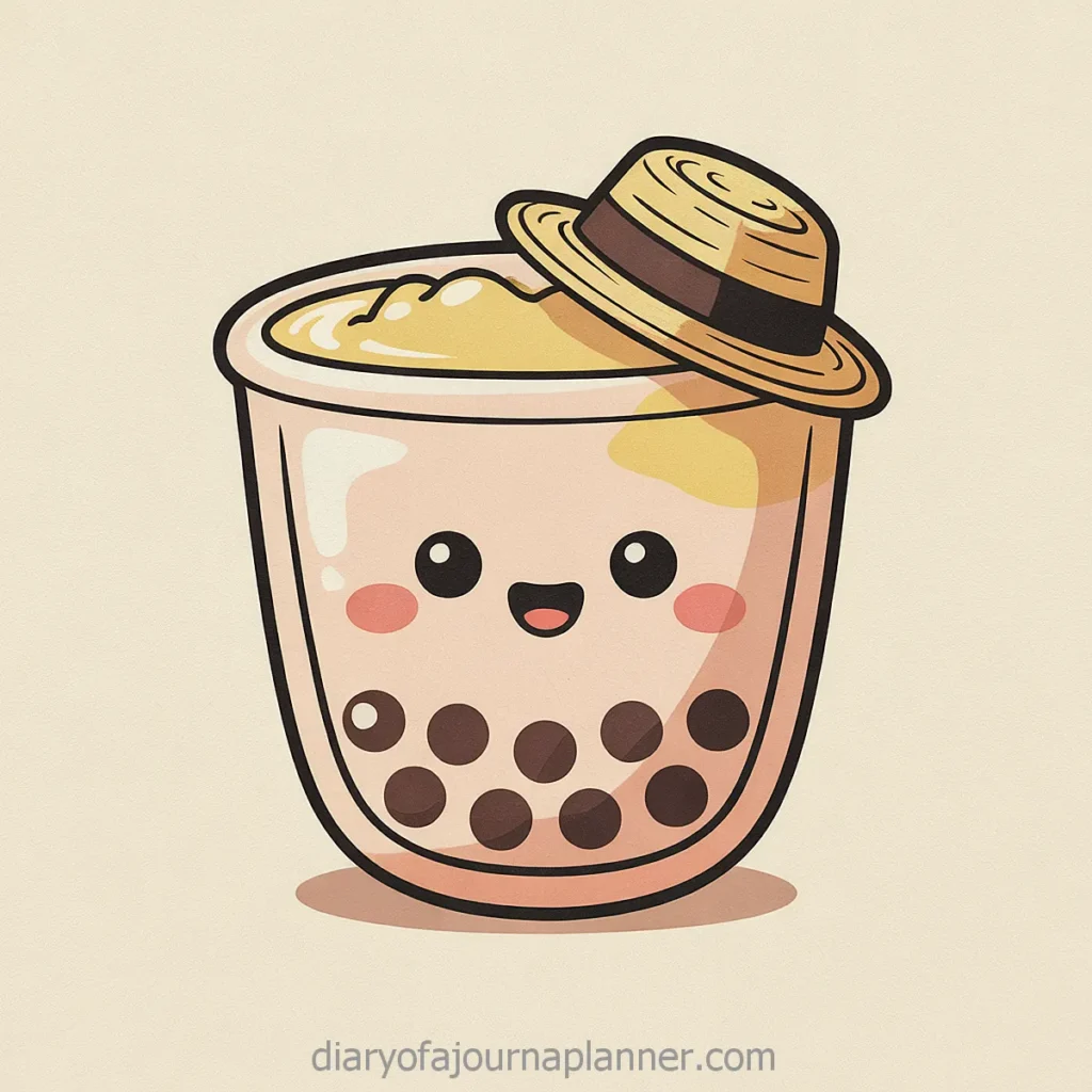 Cute cartoon bubble tea with a smiling face and straw hat, featuring black tapioca pearls and creamy topping.