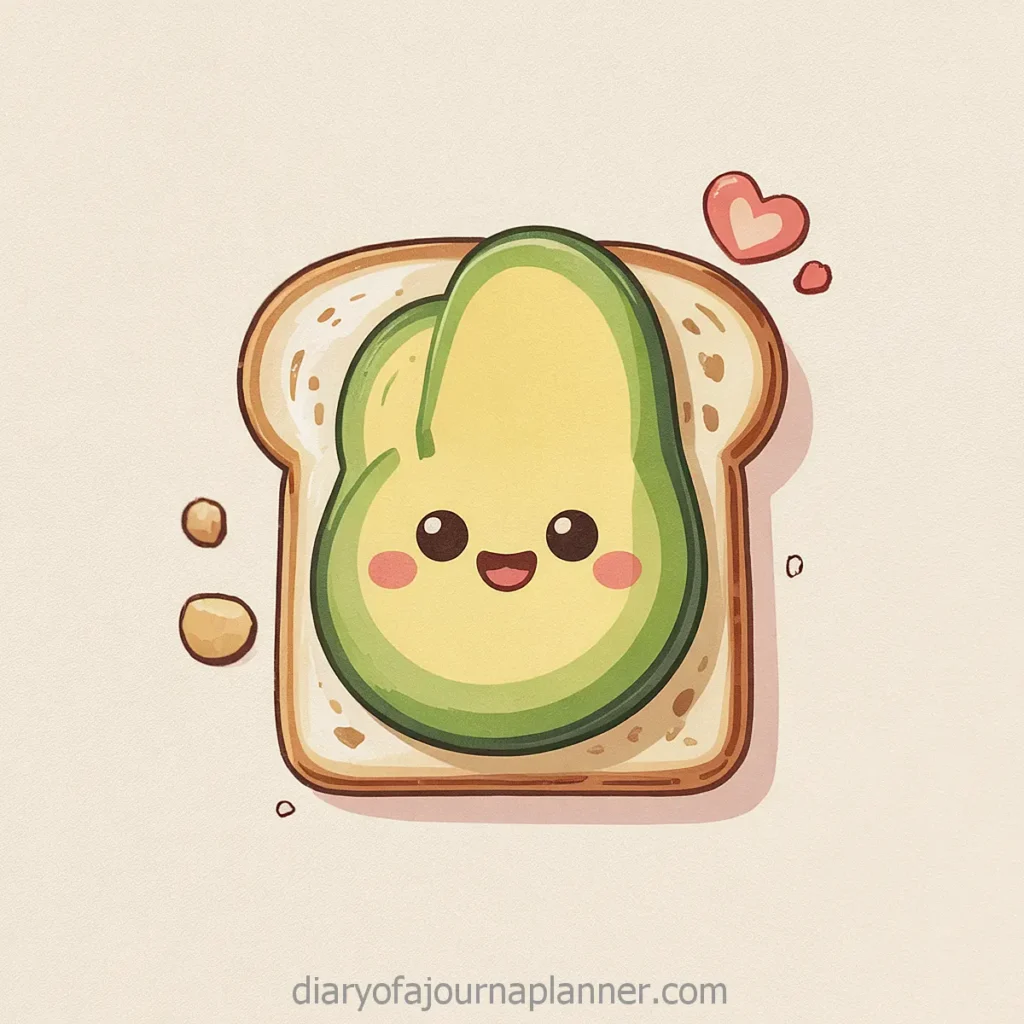Cute cartoon avocado toast with a smiling face and hearts, conveying a playful and cheerful breakfast theme.