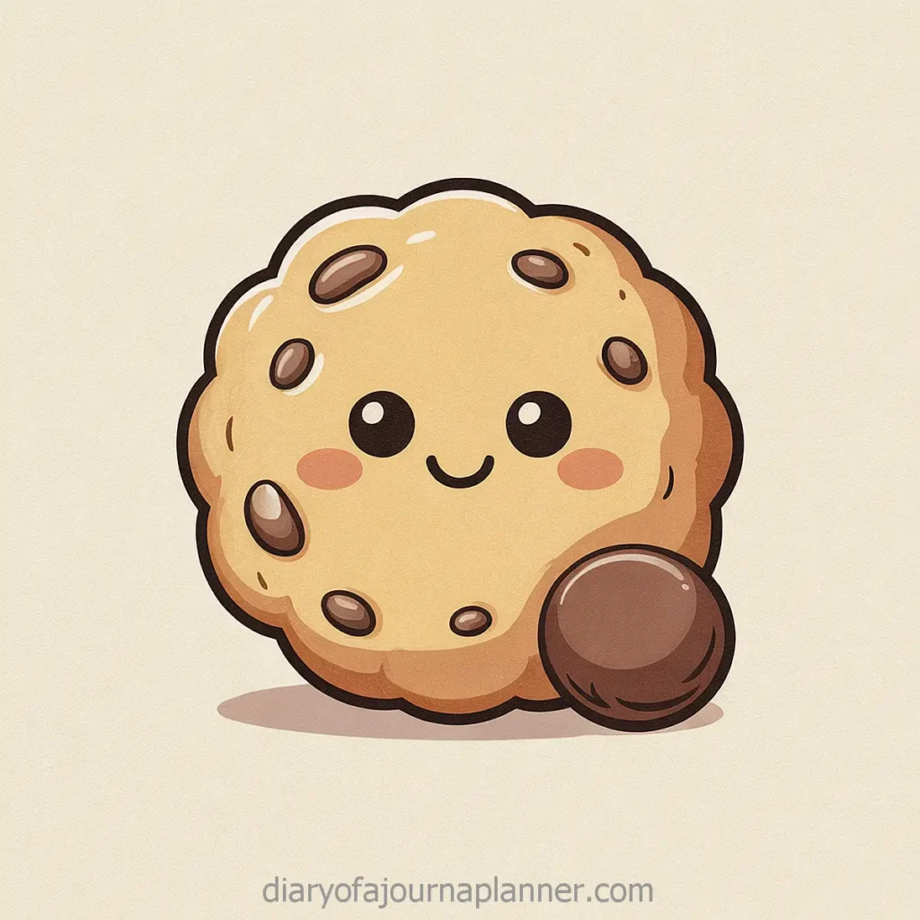 Cute cartoon cookie with a smiling face, chocolate chips, and blush cheeks.