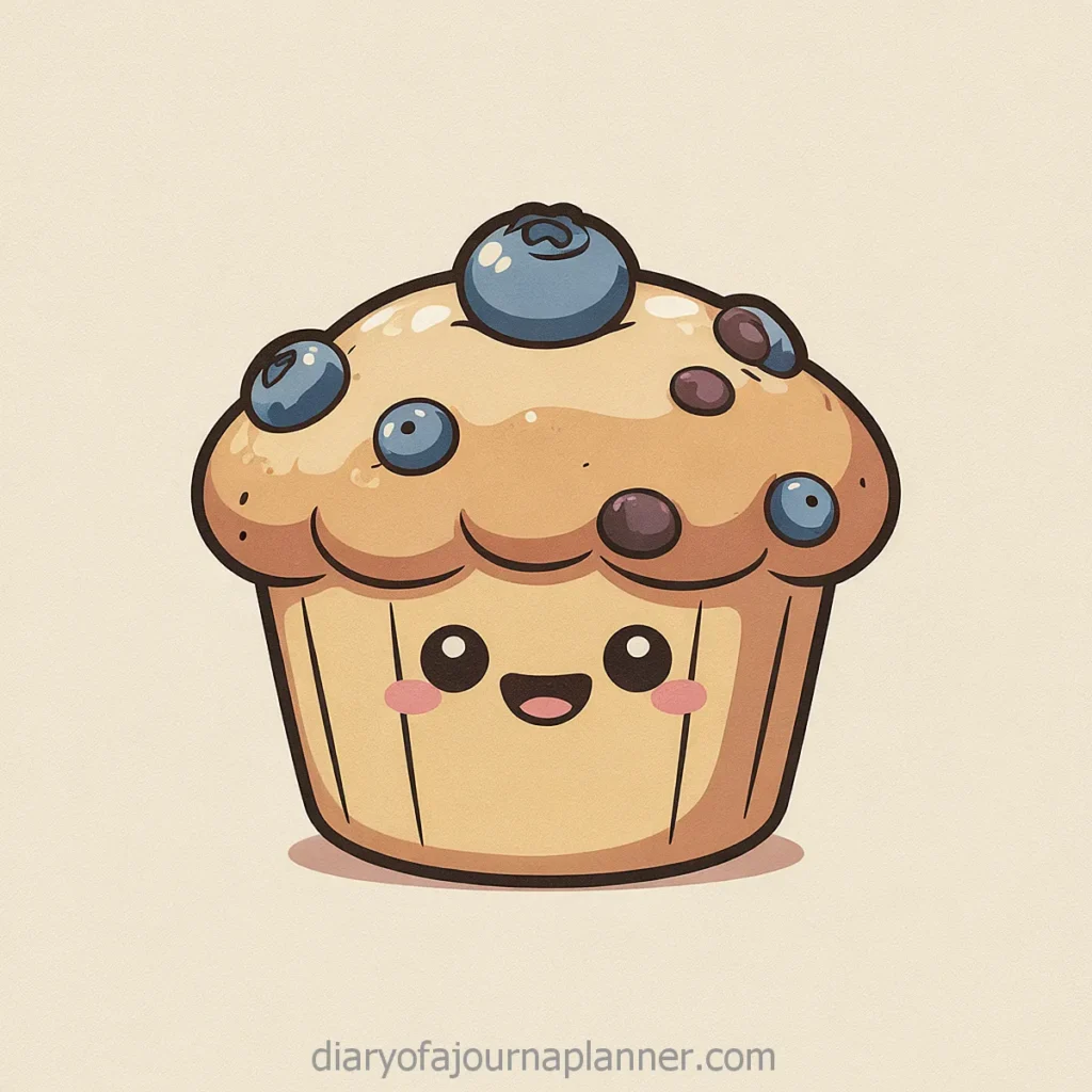 Cute cartoon blueberry muffin with a smiling face, featuring colorful berries on top. Fun and adorable dessert illustration.