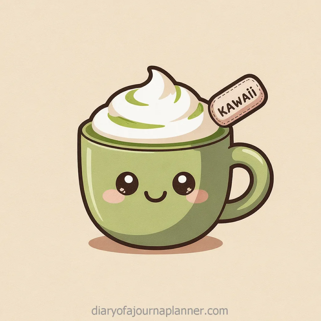 Cute kawaii green tea cup with whipped cream and smiling face, perfect for cheerful and cozy vibes.