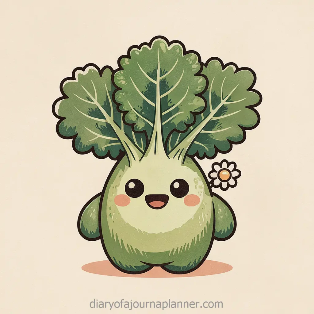 Cute cartoon broccoli character with cheerful smile and daisy flower, set against a light background.