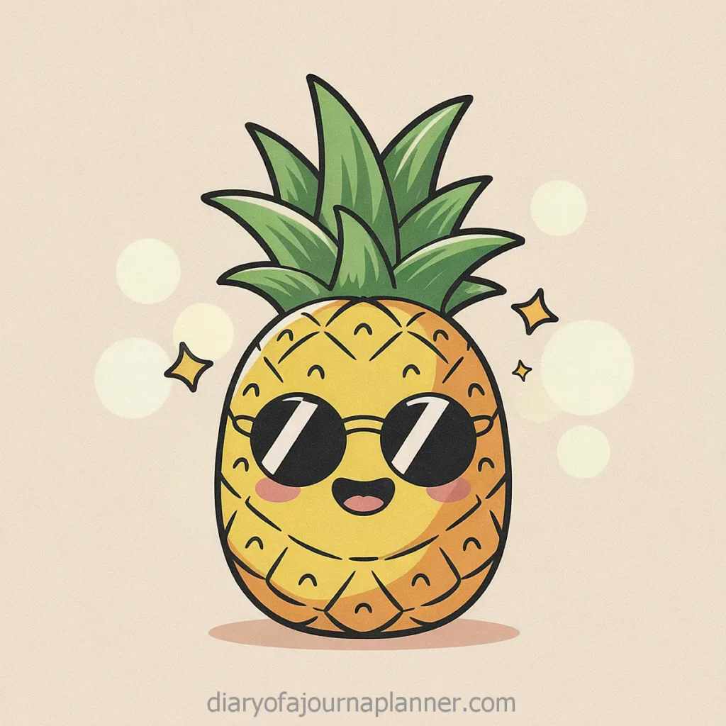Cute cartoon pineapple wearing sunglasses, smiling with sparkles, on a light background. Fun summer illustration.