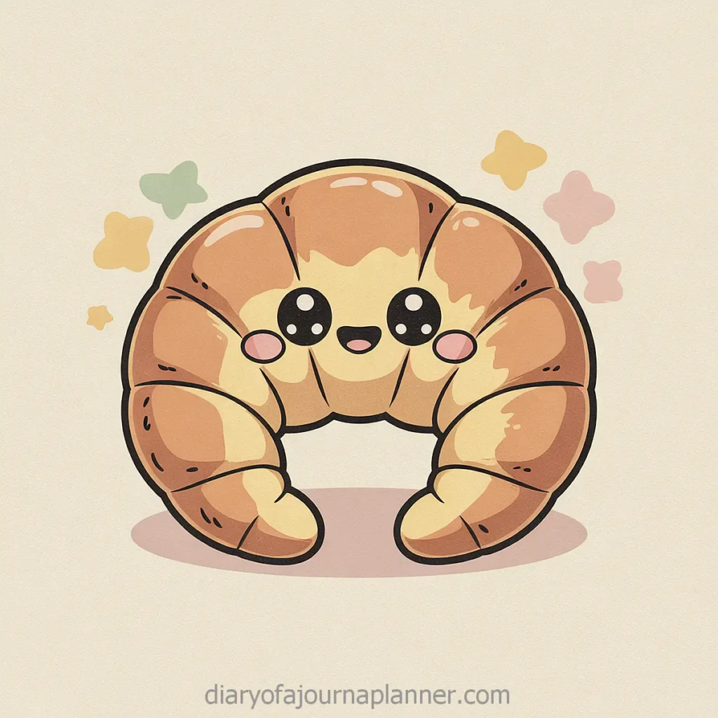 Cute kawaii-style croissant with smiling face surrounded by pastel stars, on a light background.