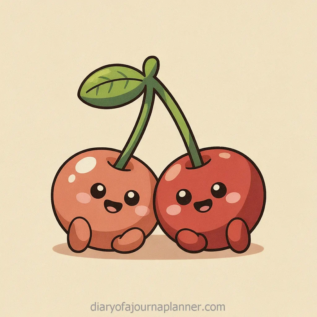 Cute cartoon cherries with smiling faces, sharing a single stem, on a beige background.