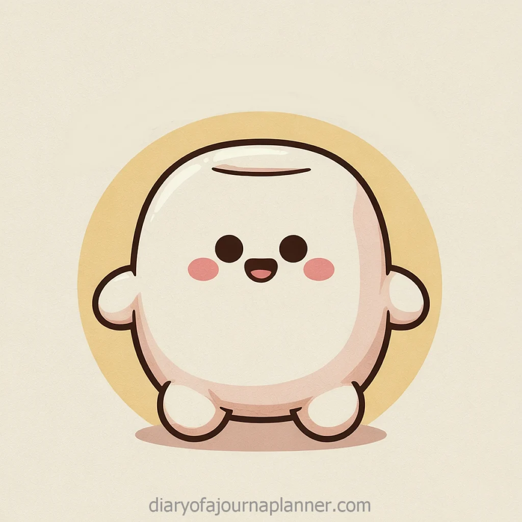 Cute cartoon character with round body and blushing cheeks, set against a beige background.