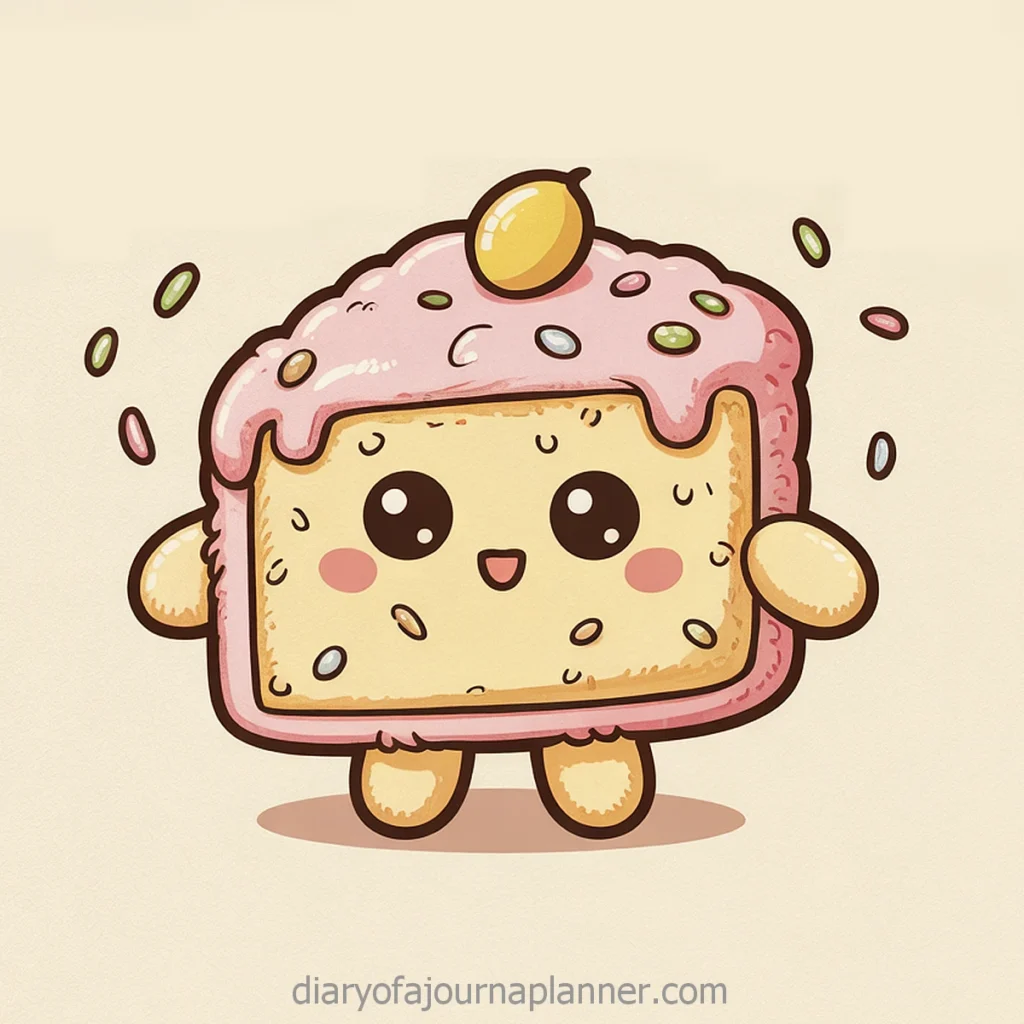 Cute kawaii toast character with pink frosting and sprinkles, smiling with big eyes. Diary of a Journal Planner.