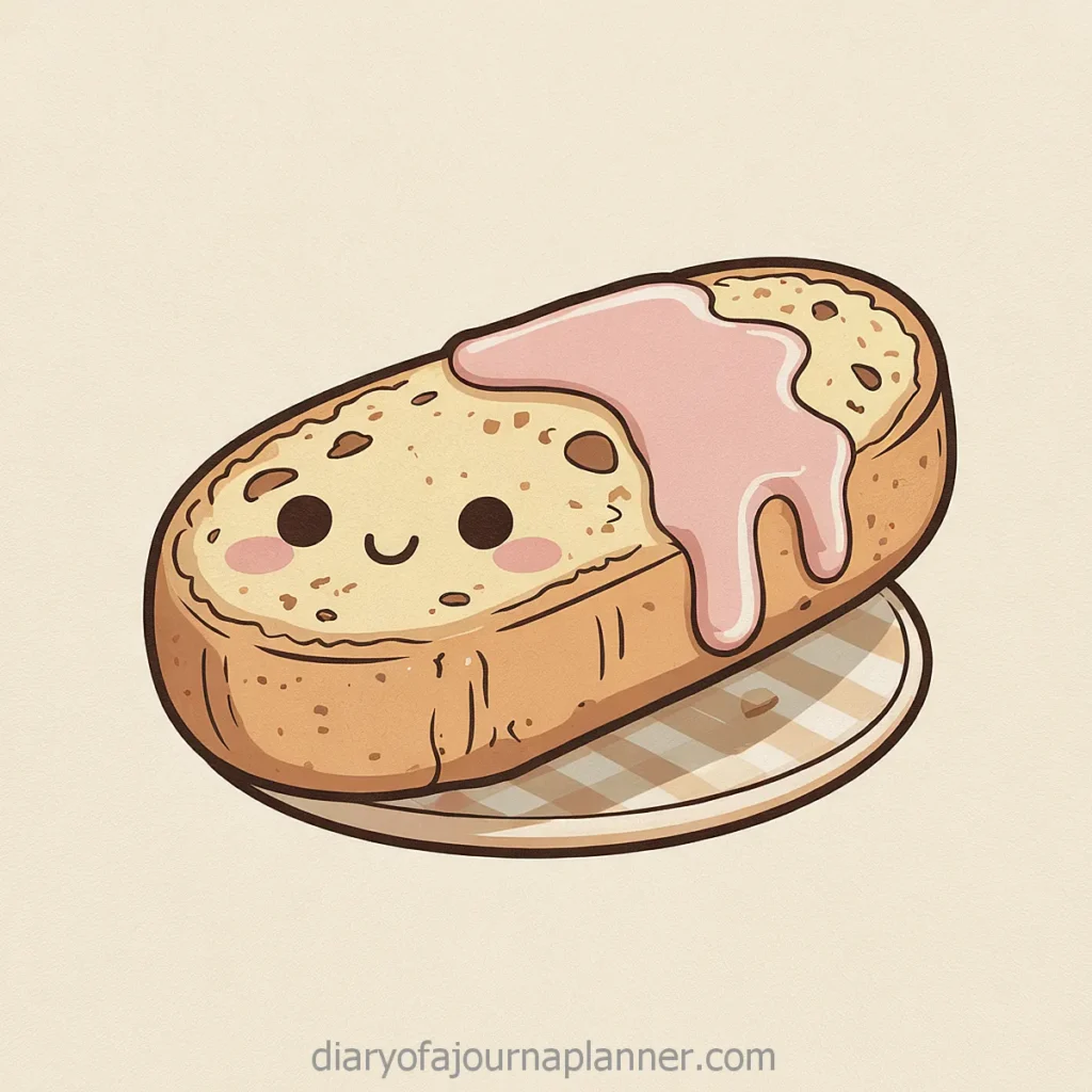 Cute cartoon toast with a smiling face, topped with pink frosting, on a checkered plate.