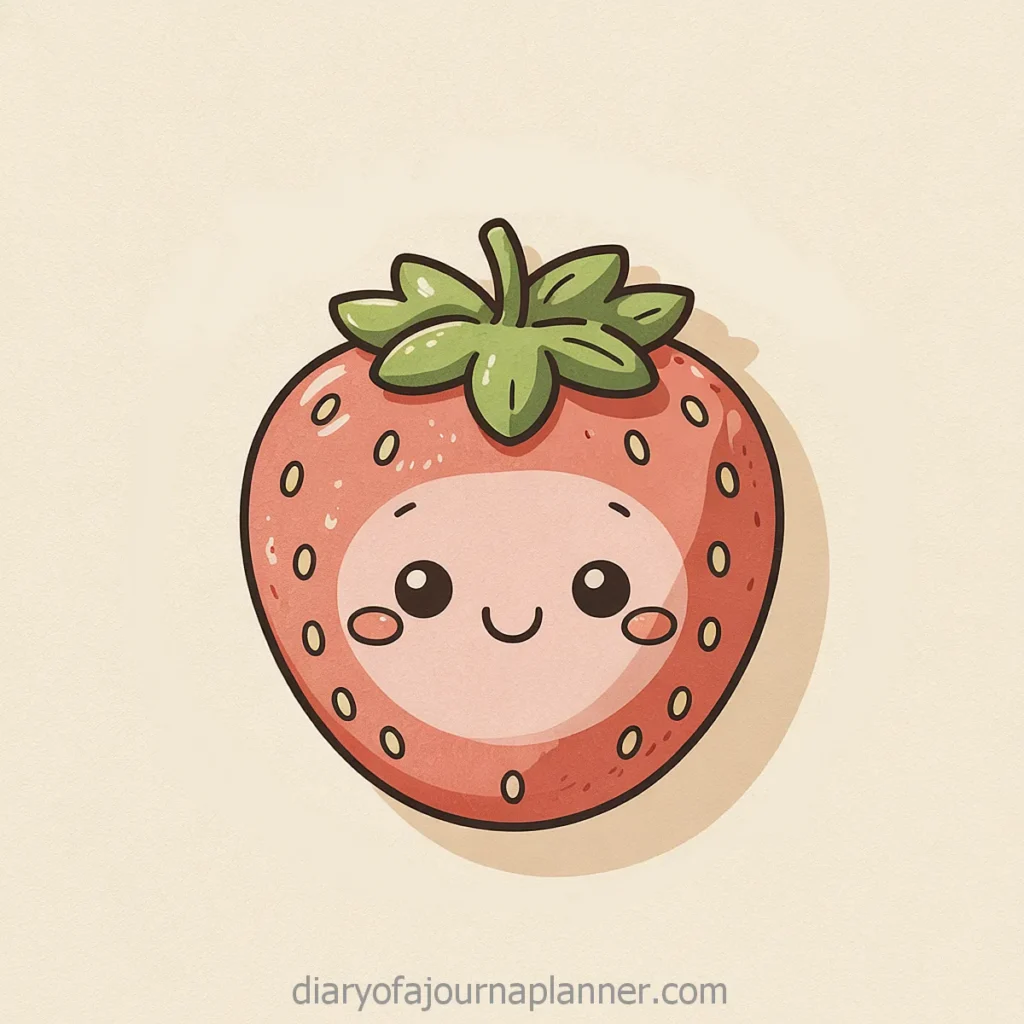 Cute kawaii strawberry character with a smiling face and green leaves on a creamy background.