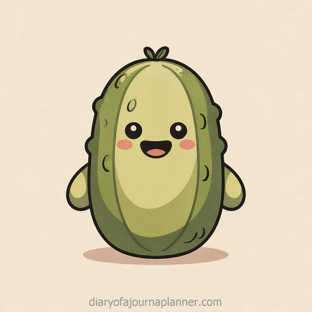 Cute cartoon pickle with a happy face and blushing cheeks, simple background.