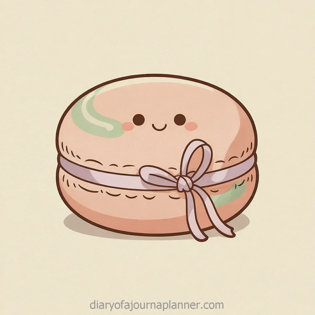 Cute illustrated macaron with a smiling face and a ribbon, perfect for bakery and dessert-themed designs.