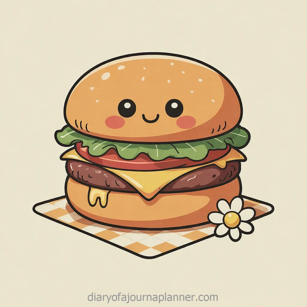 Cute cartoon hamburger with smiling face, cheese, lettuce, and flower on a checkered mat.