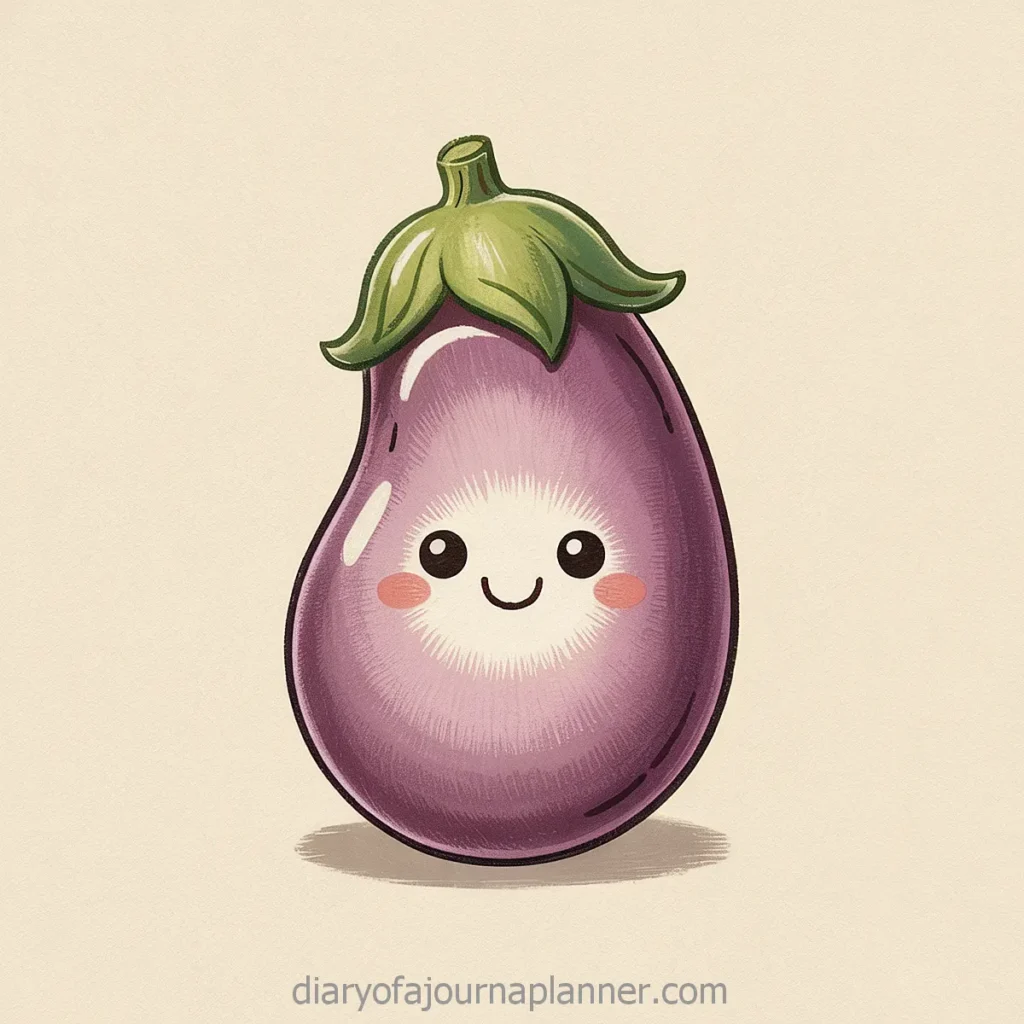 Cute smiling eggplant illustration with kawaii face on a light background.
