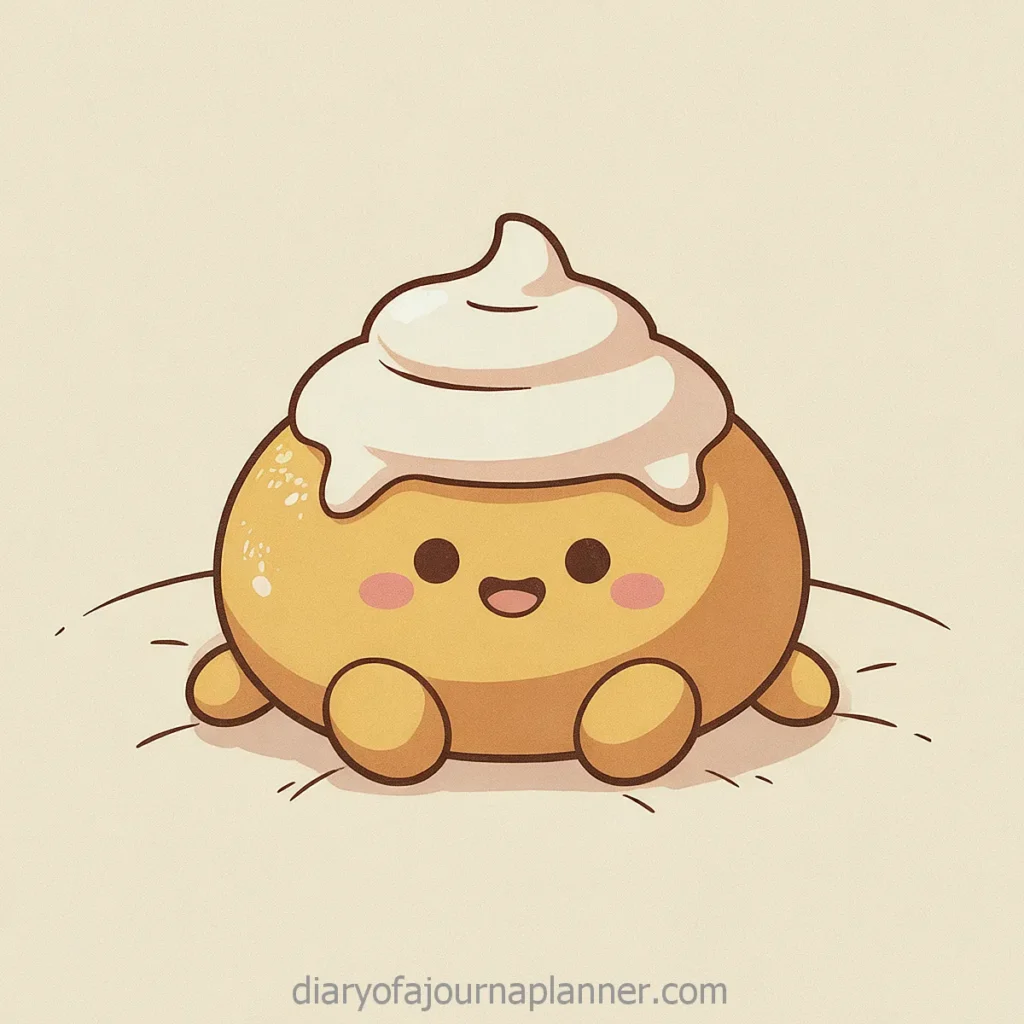 Cute cartoon cinnamon roll character with smiley face and icing, sitting on the ground.