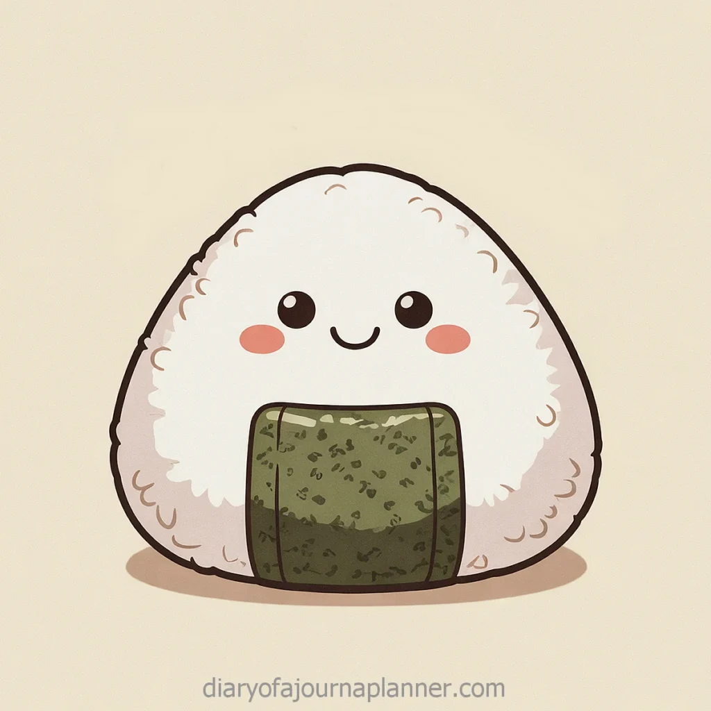 Cute kawaii onigiri character with a smiling face and nori seaweed wrap on a beige background.
