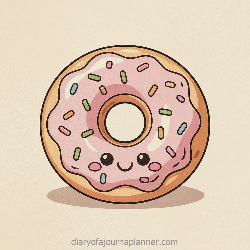 Kawaii donut with pink icing, colorful sprinkles, and a cute smiling face on a beige background.