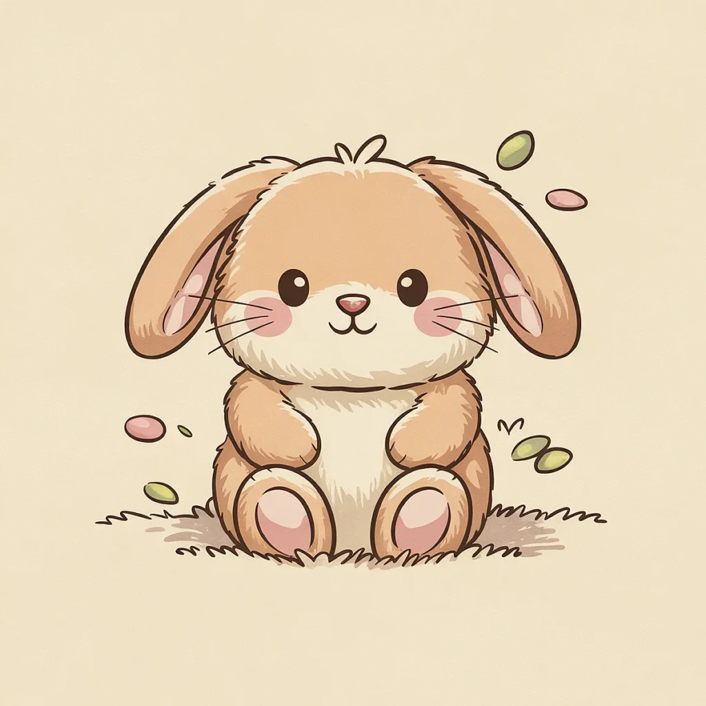 Cute cartoon bunny with big ears and rosy cheeks sitting on grass with colorful petals floating around.