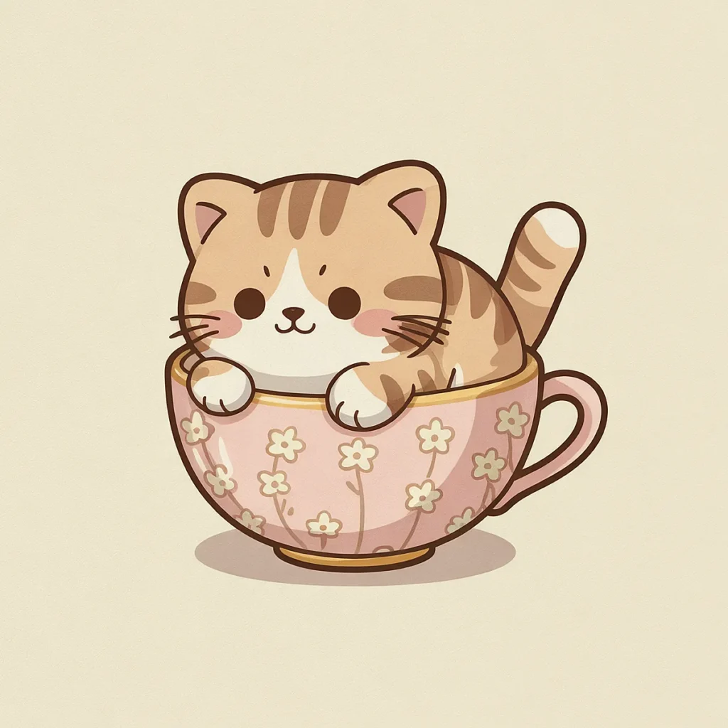 Cute cartoon cat in a flowered teacup, beige background, playful and charming illustration.