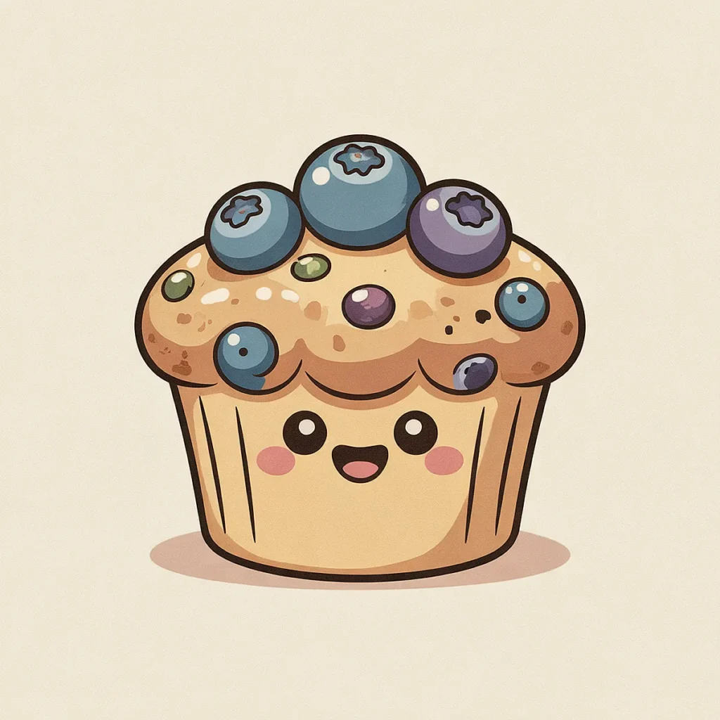 Cute cartoon blueberry muffin with smiling face and colorful berries on top.