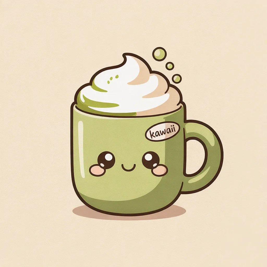 Cute kawaii green mug with smiling face and whipped cream topping, doodle art style.