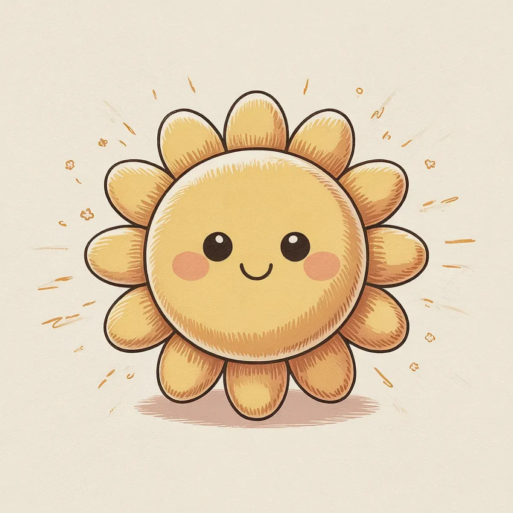 Cute smiling sun illustration with a cheerful face and sun rays, ideal for kids' designs and cheerful themes.