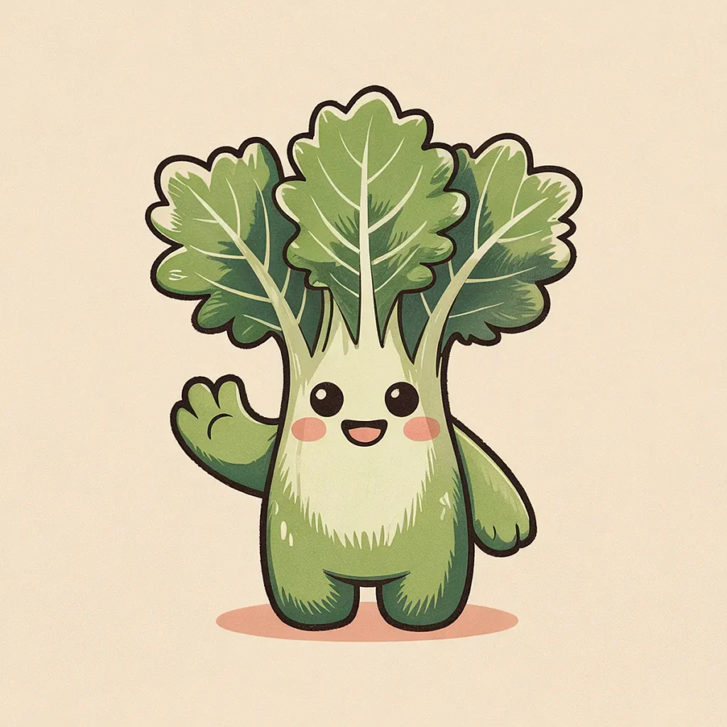 Cute cartoon bok choy character waving with a happy face, featuring big eyes and leafy greens.