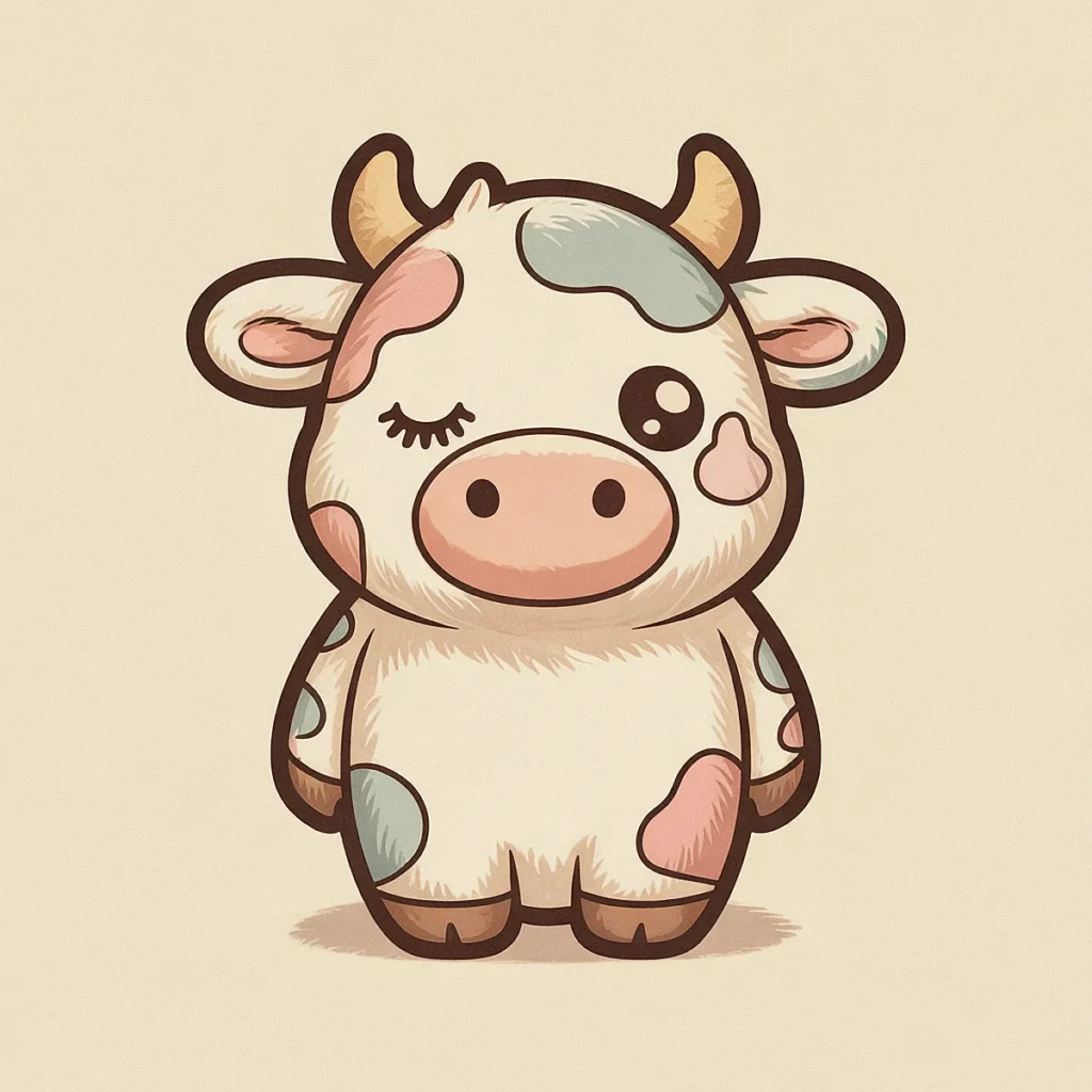 Cute cartoon cow with blue and pink patches, winking on a beige background. Perfect for children's designs.