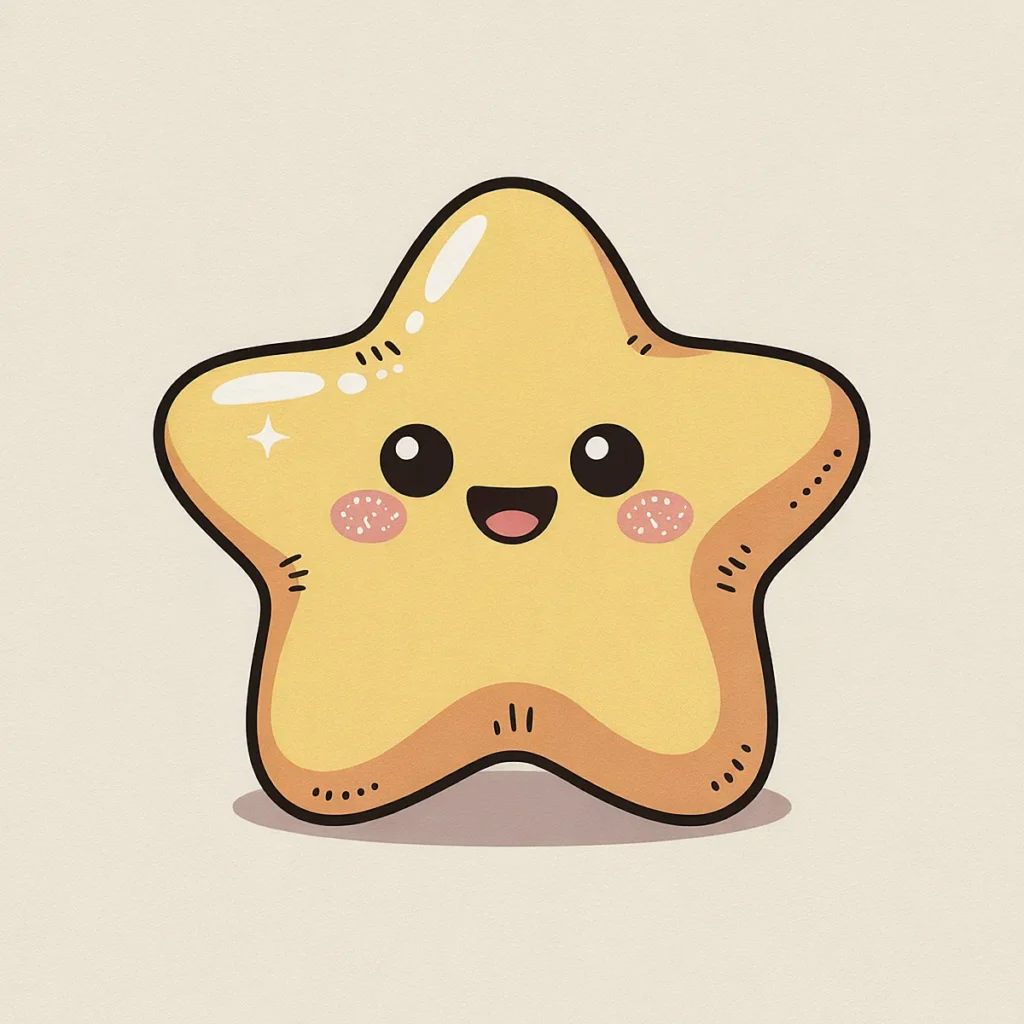 Cute smiling cartoon star character with blush on cheeks, shiny surface, and happy facial expression.