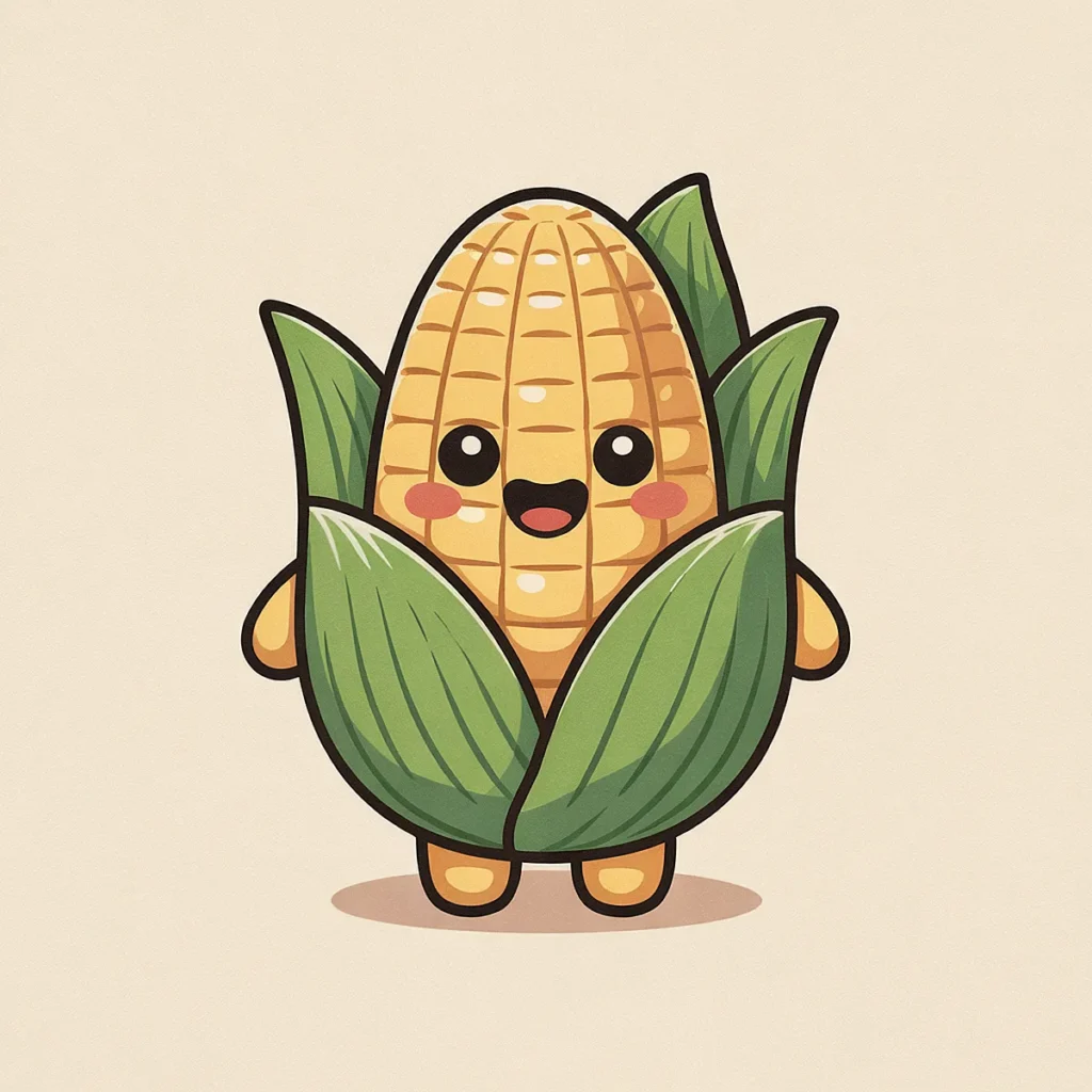 Cute cartoon corn character with a smiling face and green husk, surrounded by a soft beige background.