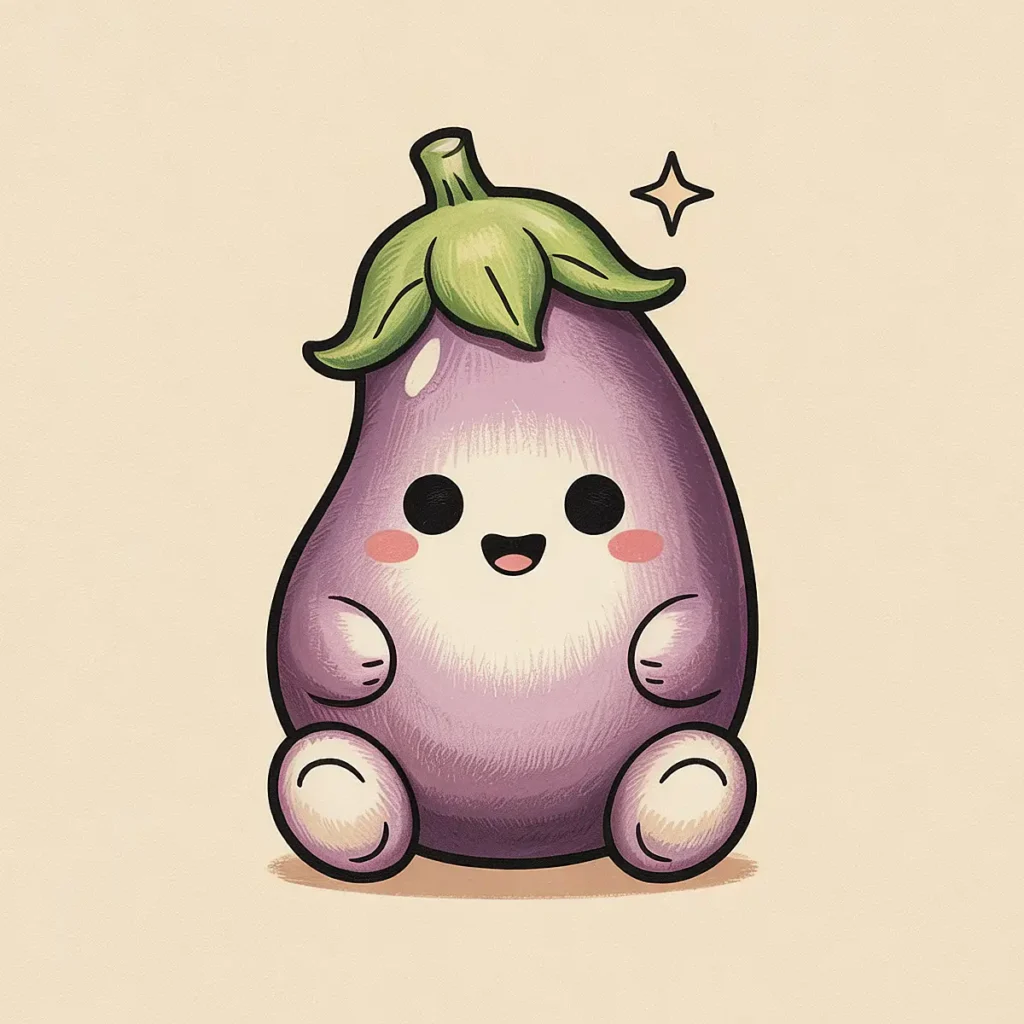 Cute kawaii eggplant character with a smiling face and a shiny star above on a light background.