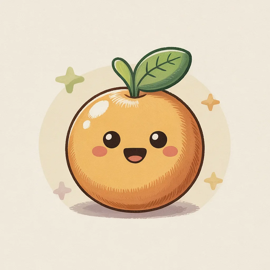 Cute kawaii orange with a smiling face and leaf, surrounded by colorful stars on a beige background.