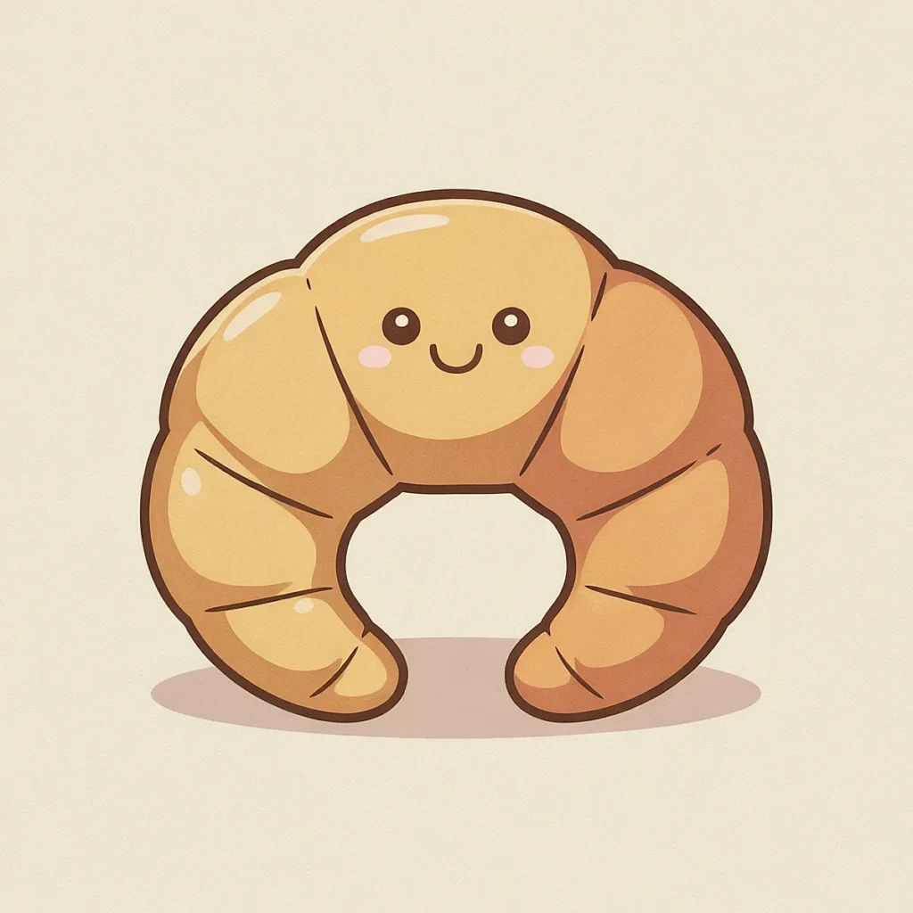 Adorable cartoon croissant with a smiling face, showcasing cute and cheerful breakfast pastry character.