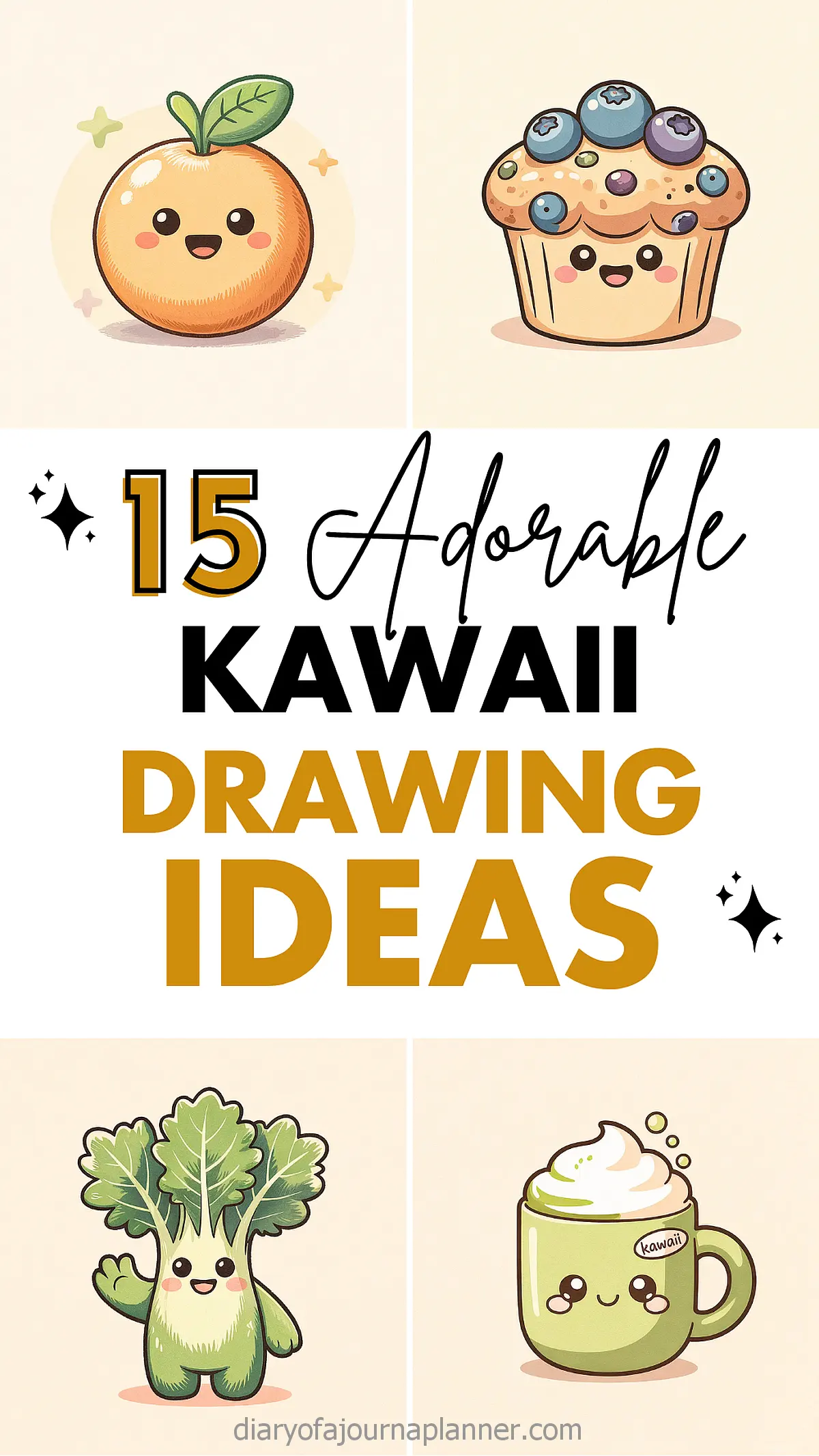 15 easy Kawaii Drawings with Cute Fruit, Vegetable, Muffin, and Cup Designs