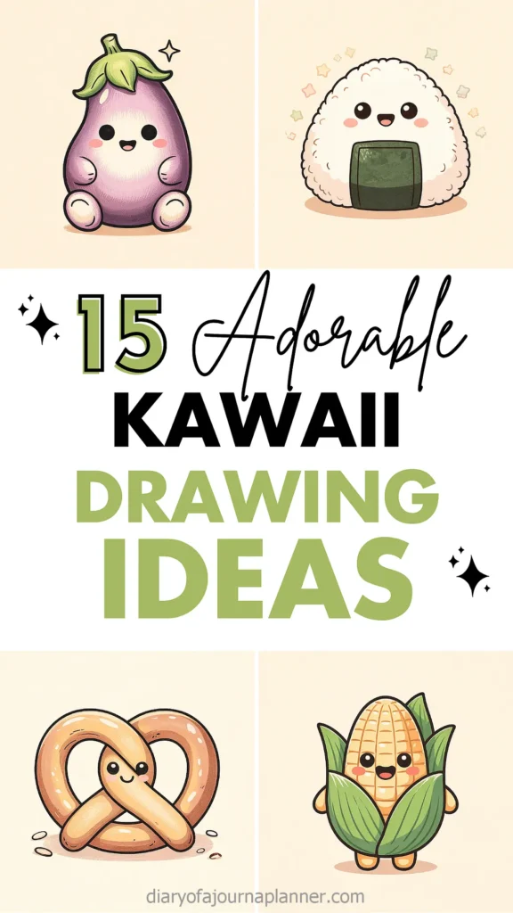 Discover 15 adorable kawaii drawing ideas featuring cute eggplant, onigiri, pretzel, and corn characters.
