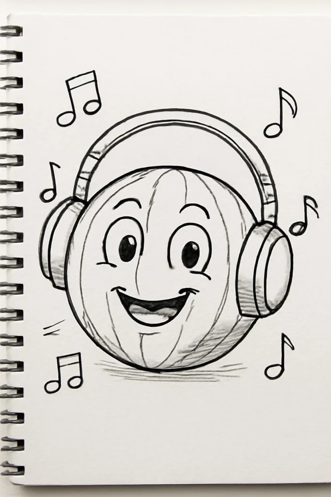Smiling cartoon face with headphones and musical notes, drawn on a notebook page.