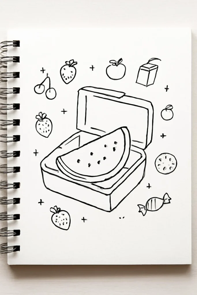Sketch of a lunchbox with watermelon, surrounded by fruit, candy, and juice on a notebook page.
