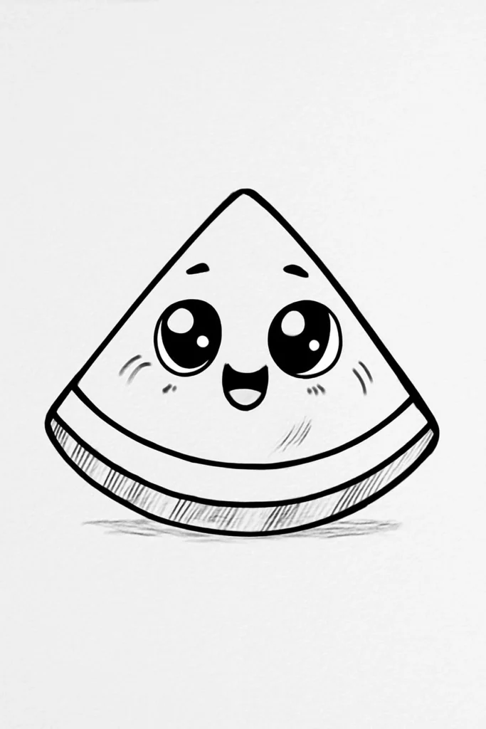 Cute cartoon watermelon slice with smiling face, black and white illustration.