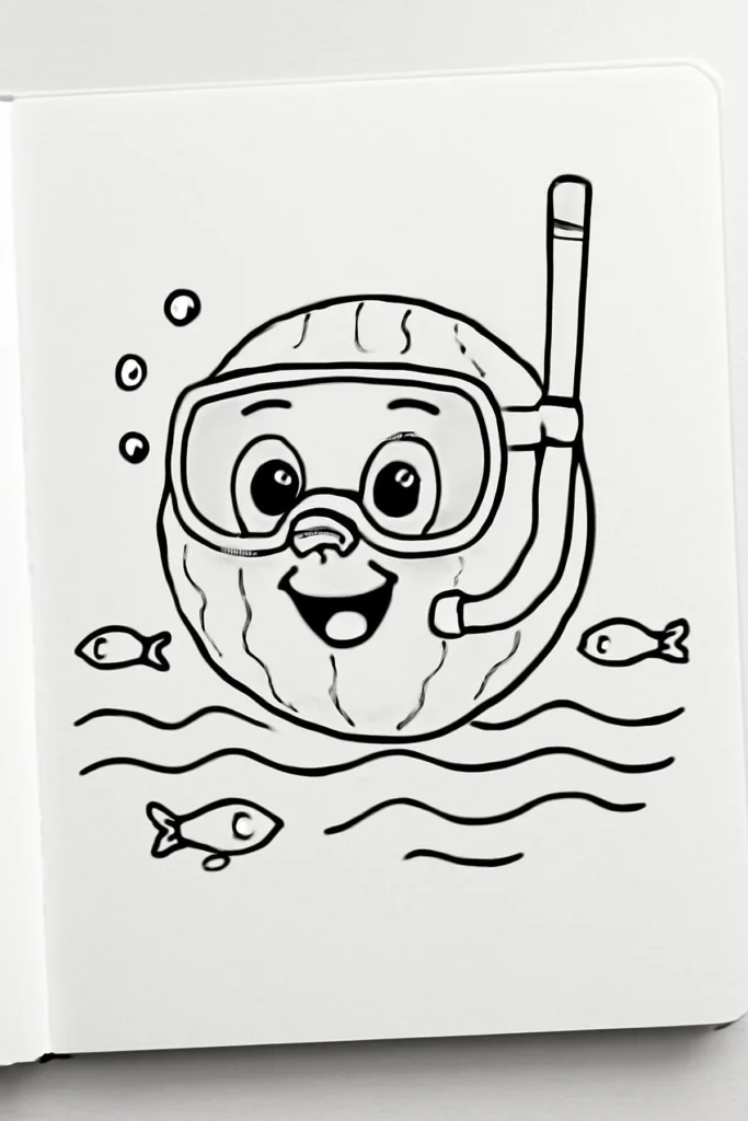 Smiling cartoon coconut diving underwater with fish, wearing snorkel and goggles. Black and white illustration.