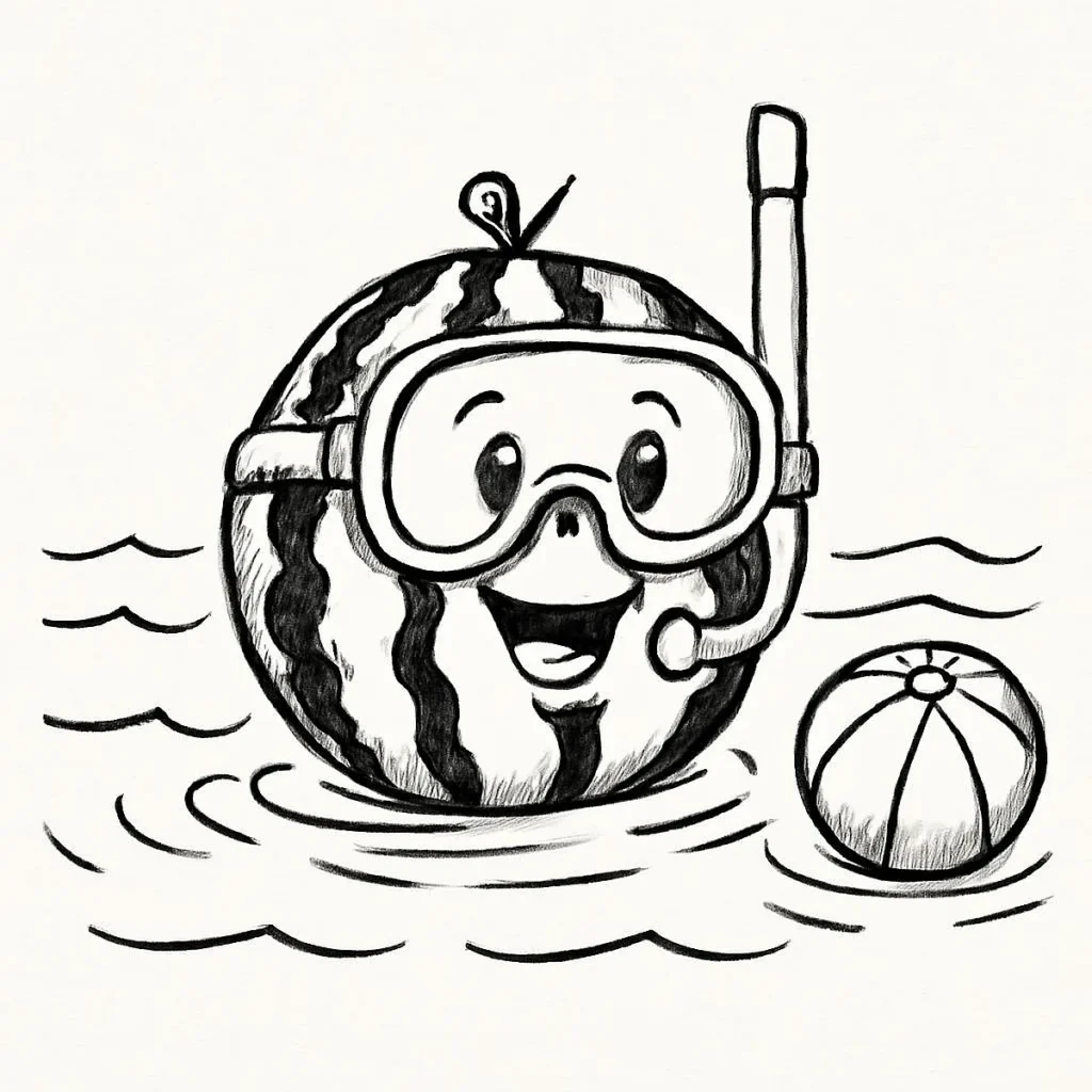 Happy watermelon character snorkeling in water with a beach ball nearby, black and white illustration.