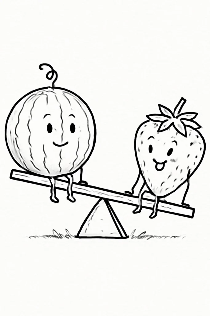 Cute watermelon and strawberry characters on a seesaw, having fun. Black and white illustration.