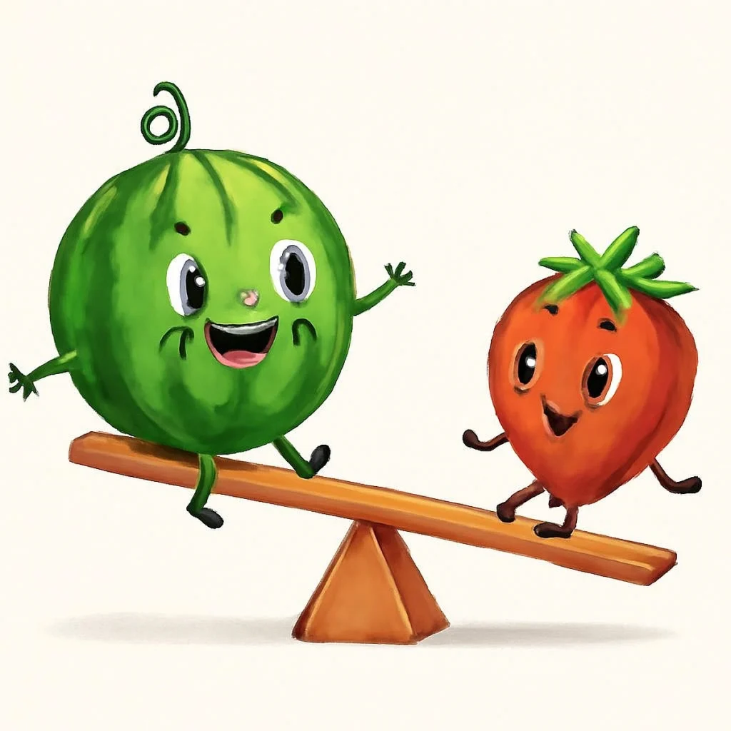 Playful cartoon watermelon and strawberry on a seesaw, expressing joy and friendship in a whimsical scene.