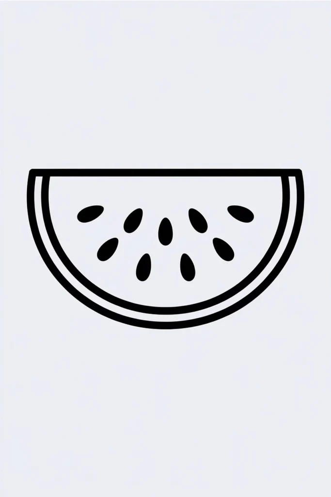 Iconic black and white watermelon slice, seeds visible, minimalist design illustration.