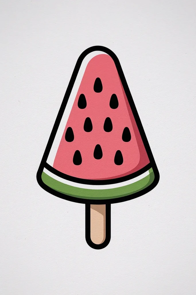 Illustrated watermelon popsicle on stick, featuring a pink triangle shape with seeds and green rind.