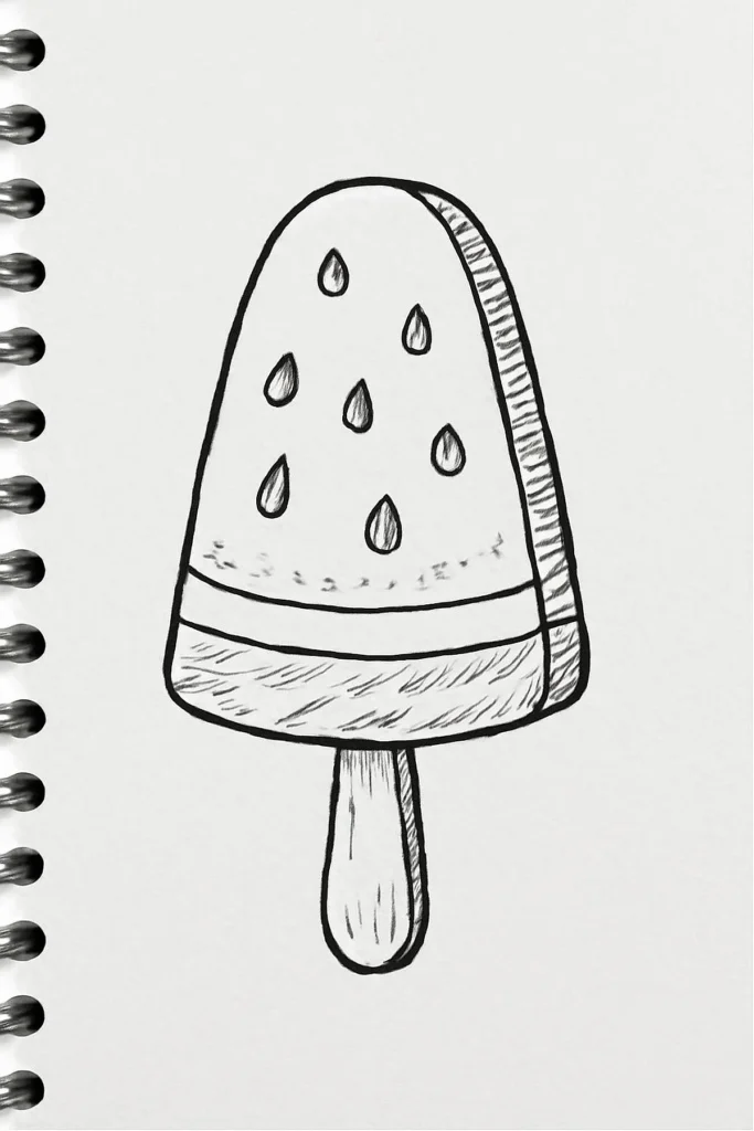Hand-drawn ice cream popsicle sketch with teardrop accents on lined notebook page. Perfect for summer-themed designs.