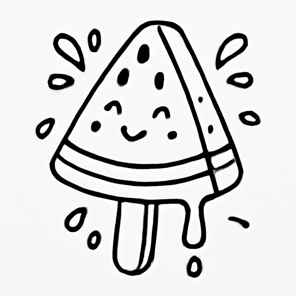 Fun cartoon of a melting watermelon popsicle with a smiling face and droplets, perfect for summer-themed designs.