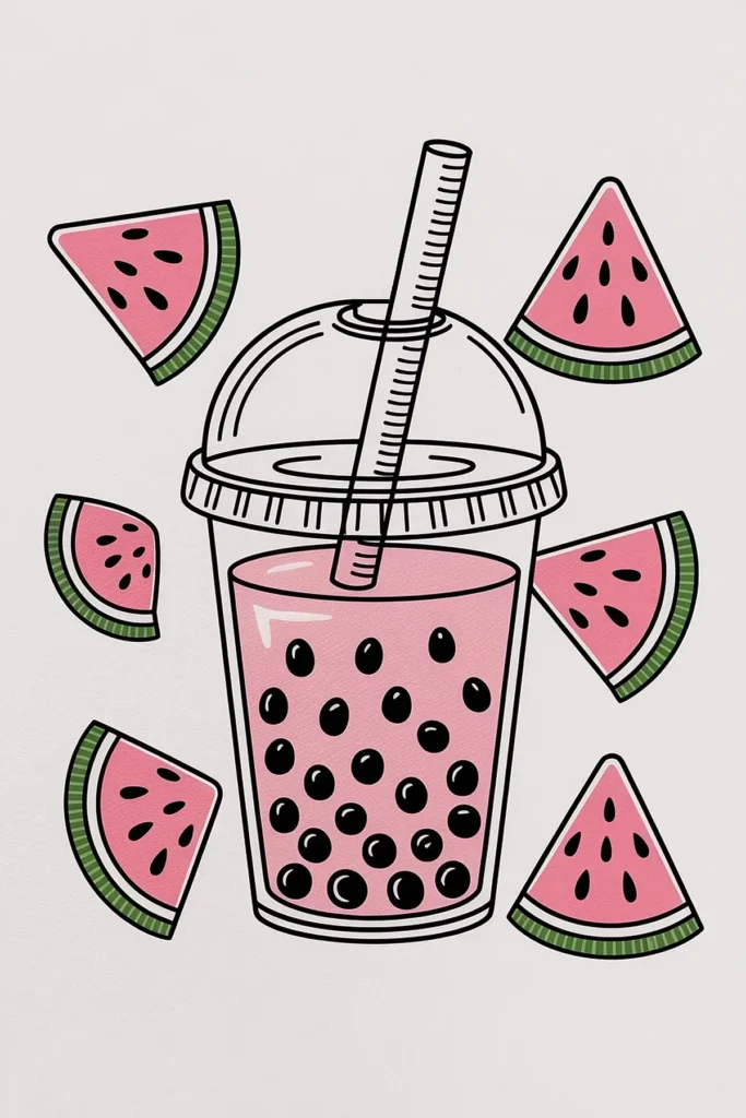 Illustration of a watermelon bubble tea with slices, highlighting a refreshing summer drink concept.