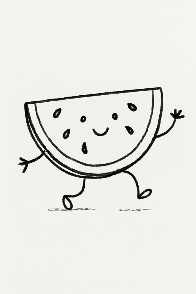 Cartoon watermelon slice with a happy face and arms walking joyfully. Black and white illustration.