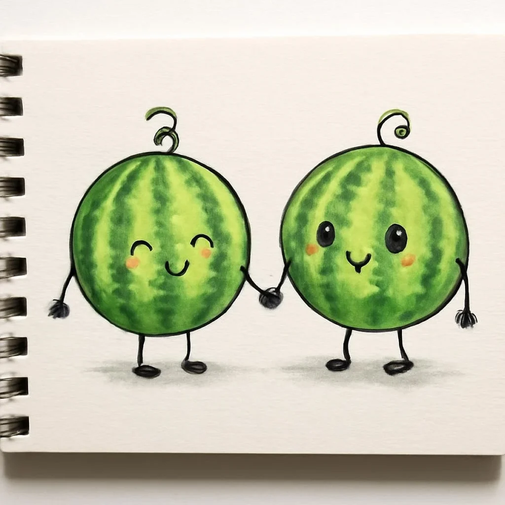 Cute cartoon watermelons holding hands, smiling on a sketchbook page.